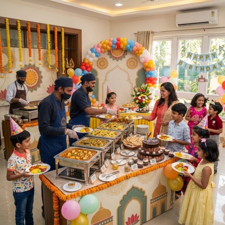 Birthday catering setup with Indian food buffet and professional catering staff