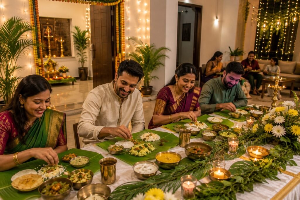 Traditional South Indian housewarming celebration with family enjoying a banana leaf meal