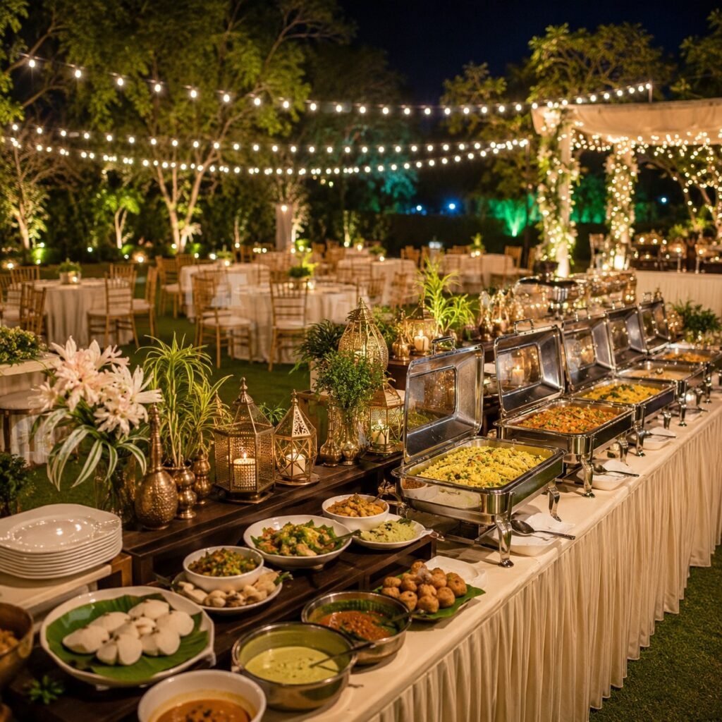 Outdoor catering buffet setup with traditional Indian food and festive lighting